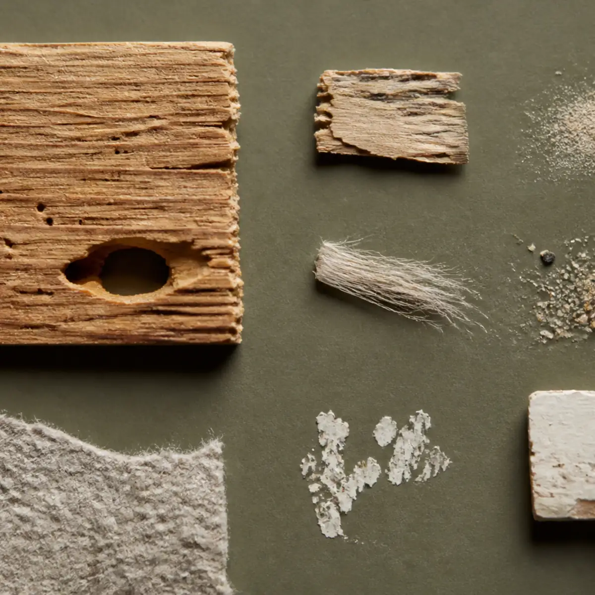 Muestras de madera, fibra y polvo mineral dispuestas sobre una superficie verde oliva para observar sus detalles